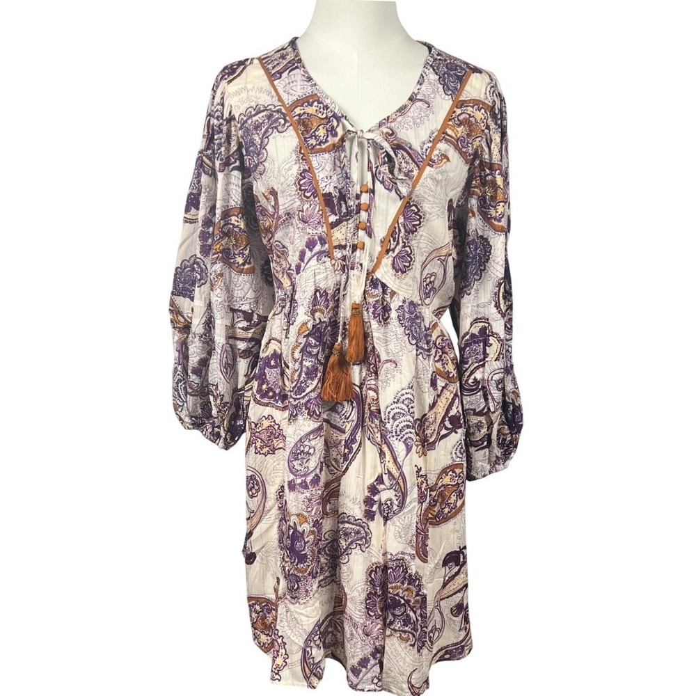 FP‎ Band of the Free Lyonette Cream Purple Paisley V-Neck Tie Mini Dress Medium